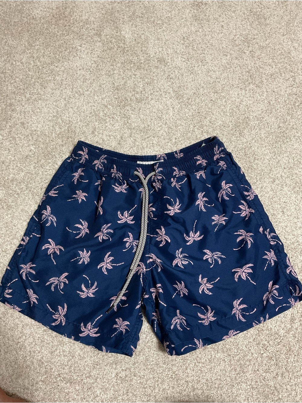 Navy Palm-Print Men's Swim Trunks